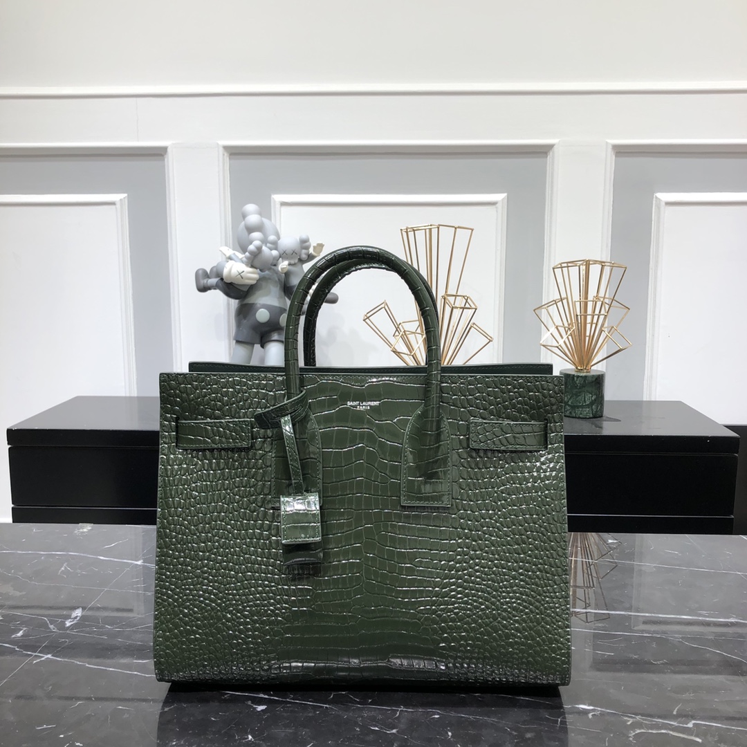 Saint Laurent Sac De Jour Crocodile Embossed Calfskin Handbag Shoulder Bag Army Green 378299 Silver